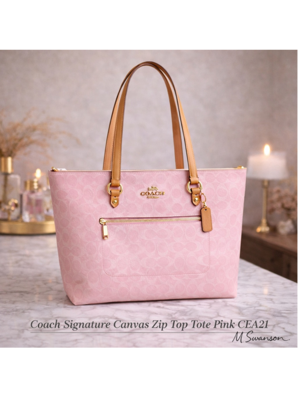 NEW Authentic Coach Signature Canvas Zip Top Station Tote Pink CEA21 NWT